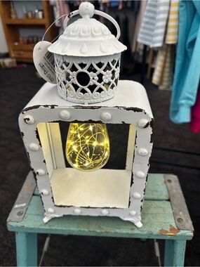 White Distressed Metal Lantern with Warm LED Bulb